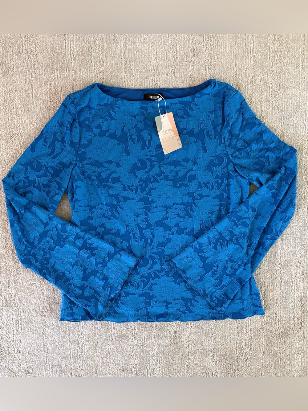 NWT BTFBM Blue Textured Floral Boat Neck Long Sleeve Blouse Top XXL Boho